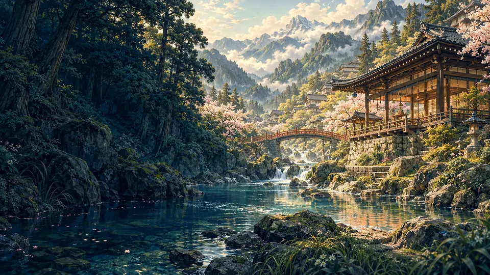 Painting of a cedar valley in the imagined SEKAI archipelago